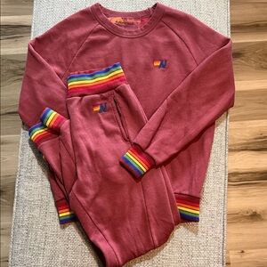 Aviator Nation Rainbow Rib Crewneck XS and Matching Sweatpants S Claret Maroon